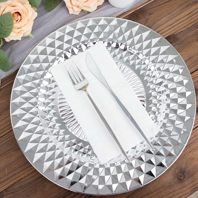 Efavormart 6 Pack | 13" Sparkling Silver Diamond Disposable Dinner Serving Plates, Shiny Round Plastic Charger Plates