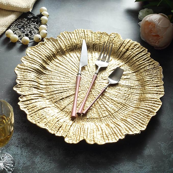 13" Charger Plates - Set of 24 - Acrylic Gold Round Reef Disposable Chargers, Ideal for Dinner Party Wedding Holiday Bulk Events