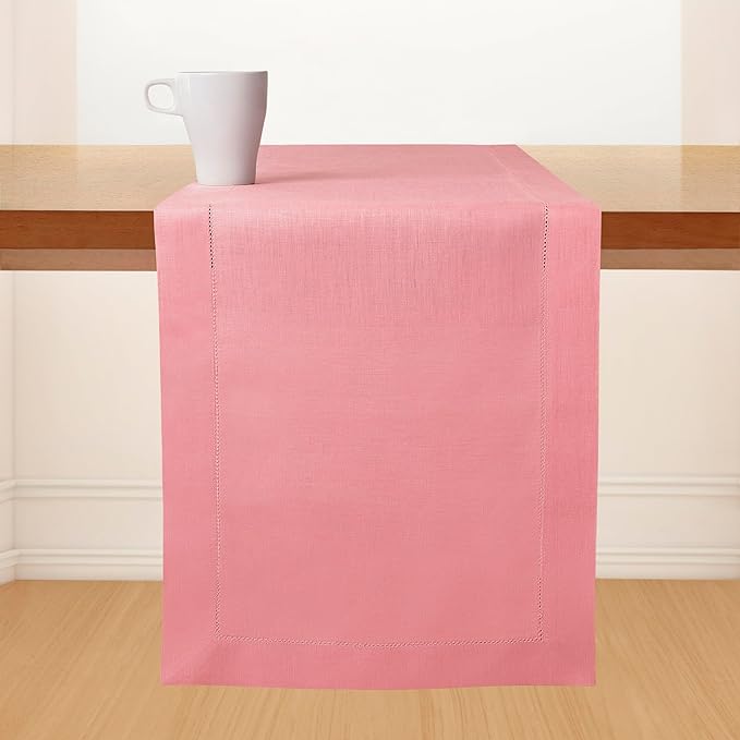 D'Moksha Homes Linen Dusty Pink Table Runner 72 Inches Long - 100% Pure Linen Hemstitch Table Runner 14 x 72 Inch for Dresser, Dining, Winter, Christmas, Holiday, New Year - Classic Hemstitch