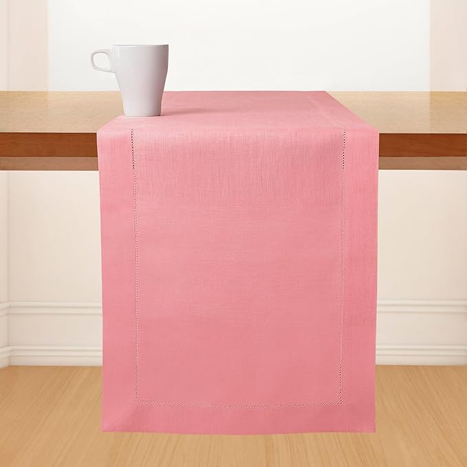 D'Moksha Homes Linen Dusty Pink Table Runner 84 Inches Long - 100% Pure Linen Table Runner 14 x 84 Inch for Winter, Christmas, Holiday, New Year - Classic Hemstitch