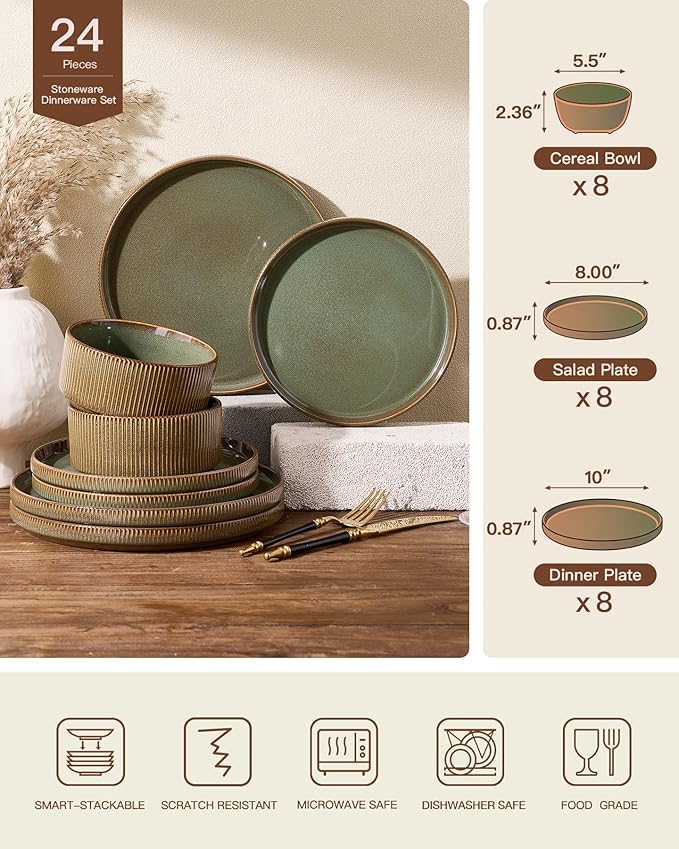 24-Piece Dinnerware Set Service for 8, Famiware Premium Stoneware Dish Set with Ribbed Plates and Deep Bowls, Double Reactive Glaze, Chip & Scratch Resistant, Microwave & Dishwasher Safe, Moss
