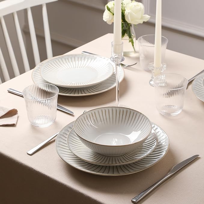 Stone Lain Linea 16-Piece Dinnerware Set Stoneware, Soda Lime Glass, White