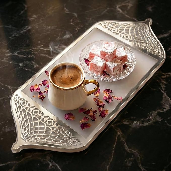 Iwa Concept Luxury Acrylic Islamic Serving Tray Mosque Silhouette Mirror Plexiglass Decorative Platter - Elegant Ramadan & Eid Dates Tray for Coffee, Sweets-Modern Muslim Home Decor Table Centerpiece