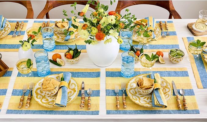 Solino Home Linen Cloth Placemats Set of 4 - Cabana Stripe 100% Pure Linen Bright Summer Stripe Farmhouse Placemats 14 x 19 Inch