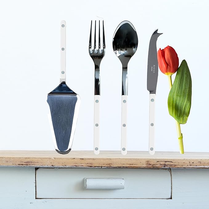 SABRE PARIS - 4-Piece Serving Set - Bistrot Collection - 2 Serving Flatware, Serrated Pie Server, Large Cheese Knife - Stainless Steel & Nylon - Dishwasher Safe - White - Brilliant Finish