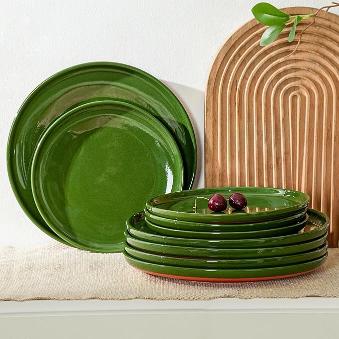 Plates and Bowls Sets, 6Piece Ceramic Dinnerware Set for Family and Gatherings,Dishes Set for 2,Dishwasher & Microwave Safe, Handcrafted Dishware Sets，Elegant Green