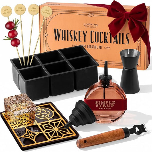 Whiskey Cocktail Kit | Cool Bar Accessories Including Engraving Ice Cube and Mold to Make Unique Gifts for Dad and Mixologist Using Old Fashioned Mixology Tool Set