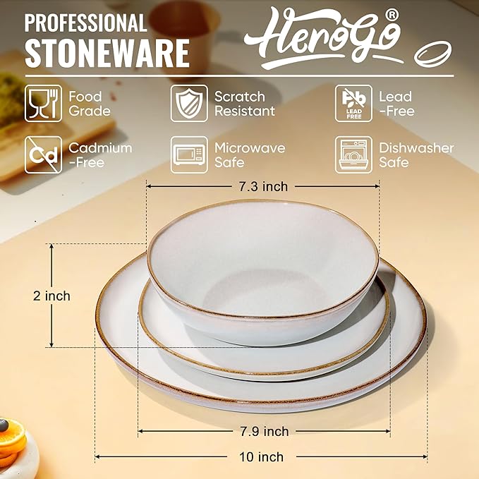 Herogo 24Pcs Plates and Bowls Dinner Set, Stoneware Dinnerware Dishes Sets for 8, Ceramic Dishware Tableware Includes Dinner Salad Plates, Soup Bowls, Microwave & Dishwasher Safe, Pearl White