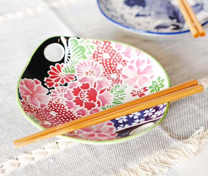 Ebros Pink Sakura Cherry Floral Blossoms Appetizer Snack Serving Coupe Plate Dish With Chopsticks And Built In Rest Set 7"L Small Flat Bowl For Hors D'oeuvres Sushi Ice Cream Serveware Plates (2)