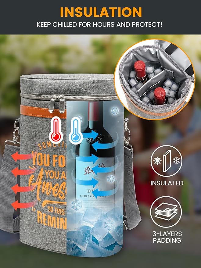 2 Bottle Wine Tote Bag Gift Set with Wine Tumblers, Insulated Cooler Carrier for Travel Picnic Camping, Gifts for Women Mom Sister Wine Lovers Housewarming Birthday Christmas