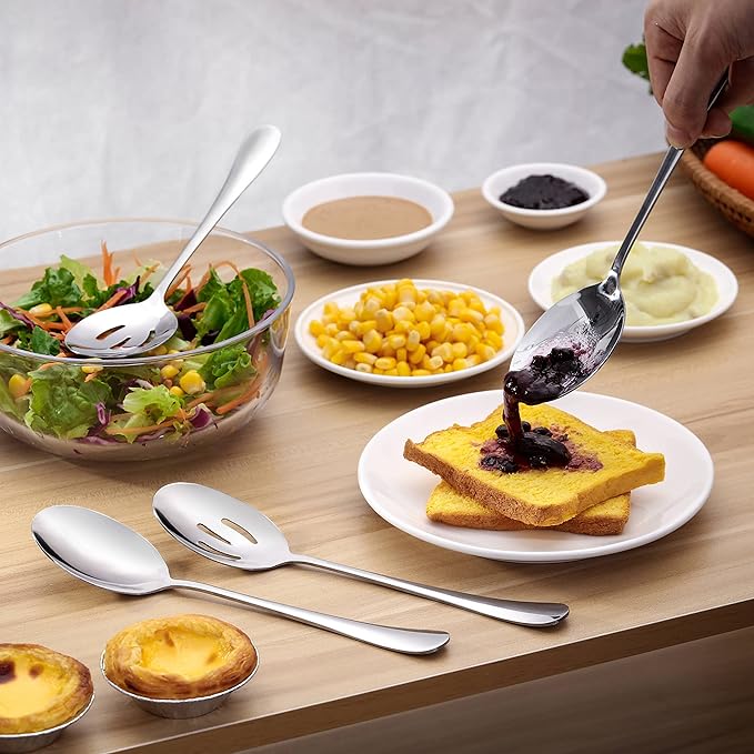 6 Pieces Serving Spoons Set, 8.7 Inch, Includes 3 Serving Spoons and 3 Slotted Spoon, Large Stainless Steel Buffet Banquet Utensils Cutlery Set for Home, Kitchen
