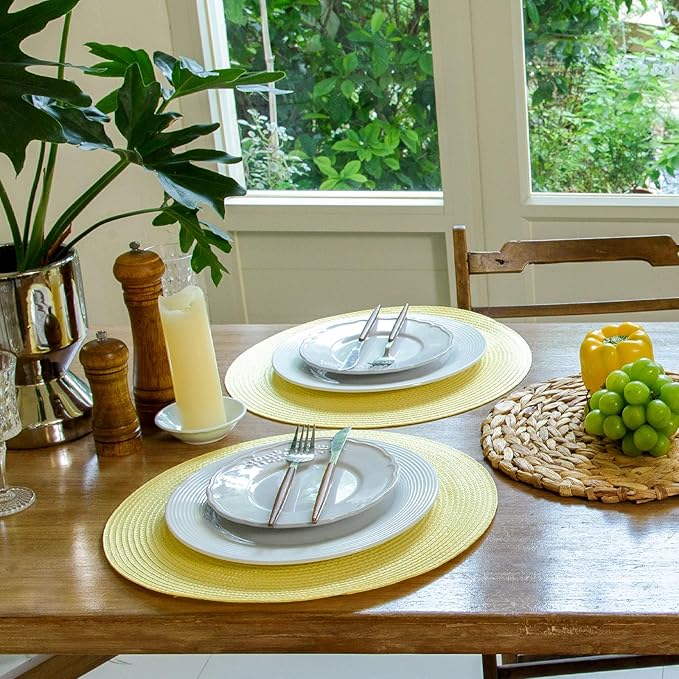 FunWheat Round Braided Placemats Set of 8 Table Mats for Dining Tables Woven Washable Non-Slip Place mats 15 inch(Lemon Yellow, 8pcs)