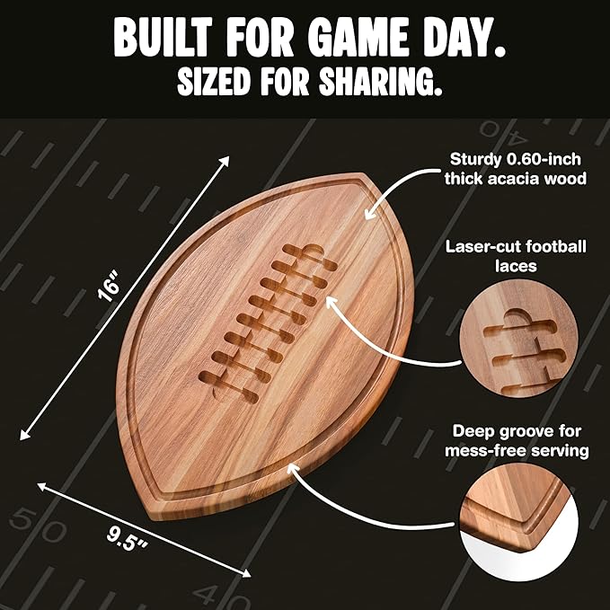 Football Shaped Cutting Board – Acacia Wood Charcuterie Tray – Wooden Football Serving Platter for Super Bowl Parties, Tailgate Hosting & Gifts
