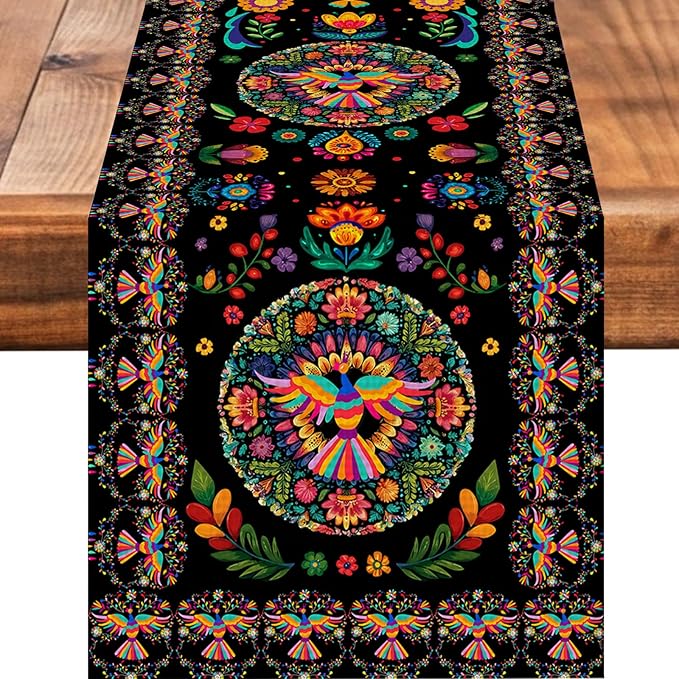 Mexican Floral Skull Table Runner Seasonal Holiday Kitchen Dining Linen Table Decoration for Indoor Outdoor Home Party Decor 13 x 72 Inch