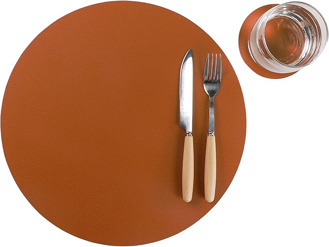 Wipeable Placemats and Coasters Leather Table Mats Waterproof Heat-Resistant Easy to Clean for Dining Table Set Kitchen Table Set of 6, Brown