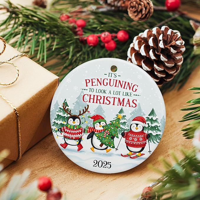 ZAGKOO Penguin Ornament 2025 - Cute Penguin Christmas Ornaments - Funny Penguins Gifts for Women, Men, Kids, Penguins Lovers - Gift Exchange Ideas - Ceramic Ornament for Xmas Tree Decoration
