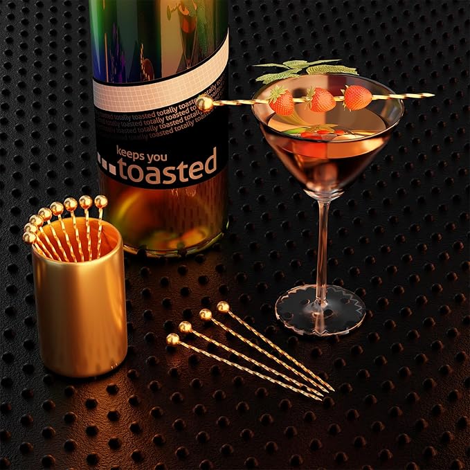 Metal Cocktail Picks 12Pack+Holder Kit, 304 Stainless Steel Toothpicks, Reusable Cocktail Skewers, Garnish Picks Bloody Mary Skewers, Martini Picks for Olives Appetizers Fruit (Thread Gold)