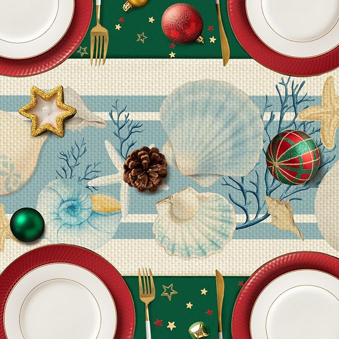 Seashells Starfish Table Runner Seasonal Holiday Kitchen Dining Linen Table Decoration for Indoor Outdoor Home Party Decor 13 x 72 Inch