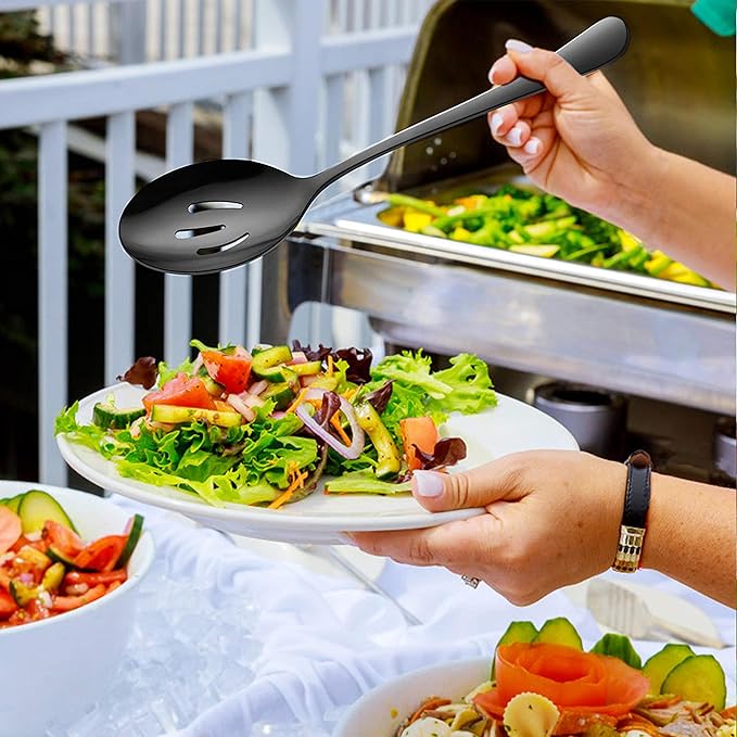 LIANYU 6-Piece Black Serving Spoons, Black Slotted Spoons, Stainless Steel Serving Utensils for Party Buffet Restaurant Banquet Dinner Catering, 8 3/4 Inch, Dishwasher Safe