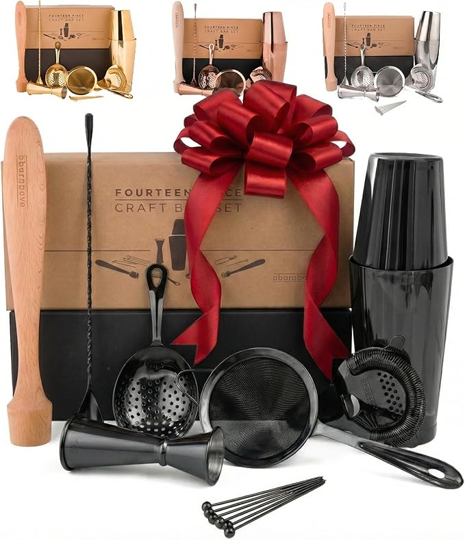 A Bar Above 14-Piece Matte Black Bartender Kit, Modern Bar Tool Set for Home Mixologists and Pros, Includes Black Stainless Steel Cocktail Shaker, Jigger, Strainers, Spoon, Picks, and Bar Accessories