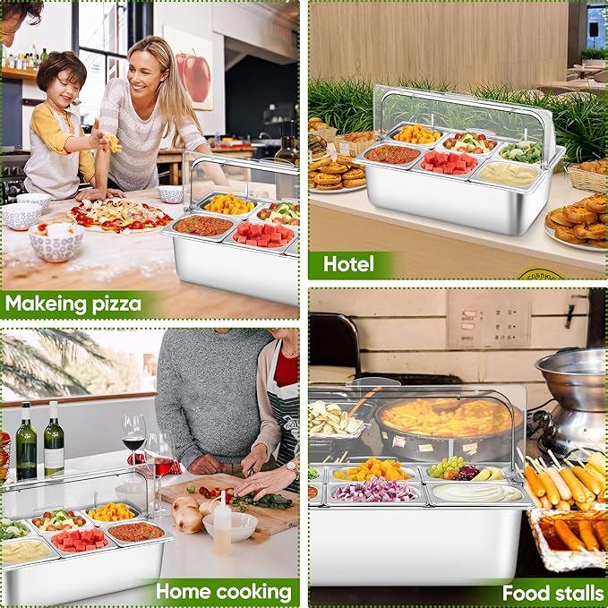 Countertop Food Serving Display Container with Clear Roll Top Cover, Stainless Steel Salad Serving Tray Condiment Dispenser Ice Food Serving Display Tray for Buffet Restaurant Kitchen Party(6 Pan)