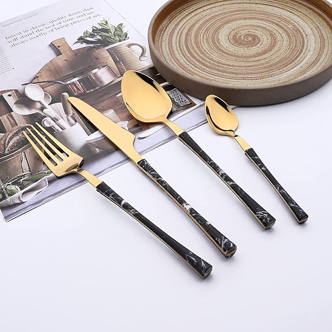 24PCS Silverware Set 18/0 Stainless Steel Flatware Set for 6 Includes 6 Dinner Knife/6 Dinner Fork/6 Dinner Spoon/6 Teaspoon Mirror Polished Cutlery for Home - Black Gold Eating Utensils