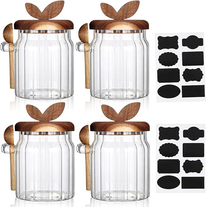 4 Pcs Sugar Bowl with Lid and Spoon, 17 oz Sugar Container for Coffee Bar, Glass Coffee Canister, Airtight Food Storage Jar, Cereal Tea Salts Spice Jar, Kitchen Decoration Christmas Gift
