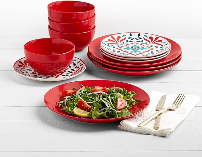 Tabletops Gallery 12-Piece Camila Patterned Ceramic Dinnerware Set of Kitchen Dishes, Dinner Plates, Cereal Bowls, Service for 4, Red