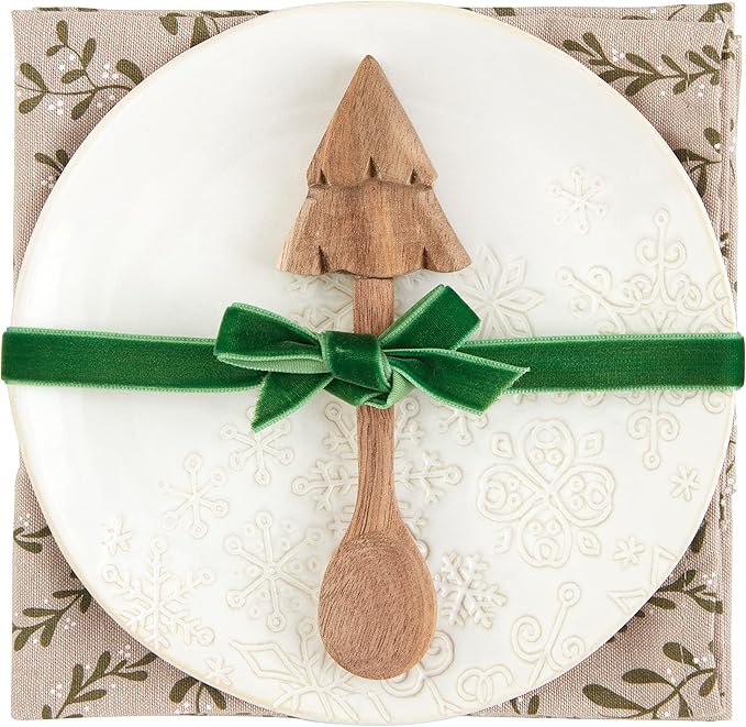 Mud Pie Appetizer Set, Snowflake; plate 6 1/2" dia| spoon approx 5" | towel 26" x 16 1/2"