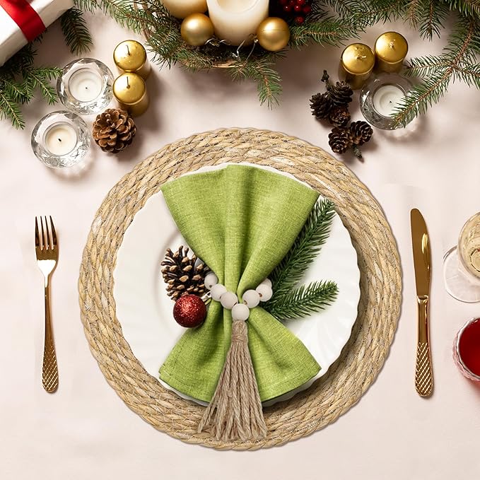 Woven Placemats Set of 8, 13.8" Natural Water Hyacinth Round Rattan Placemats with Wooden Beads Napkin Rings for Kitchen Dining Table Decor