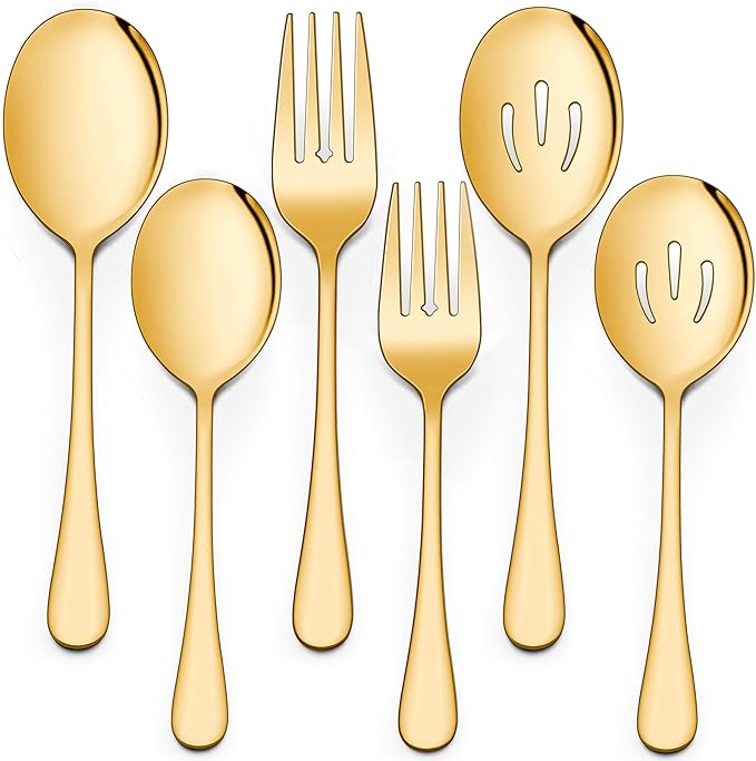 LIANYU 6 Pack Gold Serving Spoons and Forks Set, 8 3/4 Inch Stainless Steel Buffet Catering Party Banquet Serving Spoon Fork Set, Dishwasher Safe