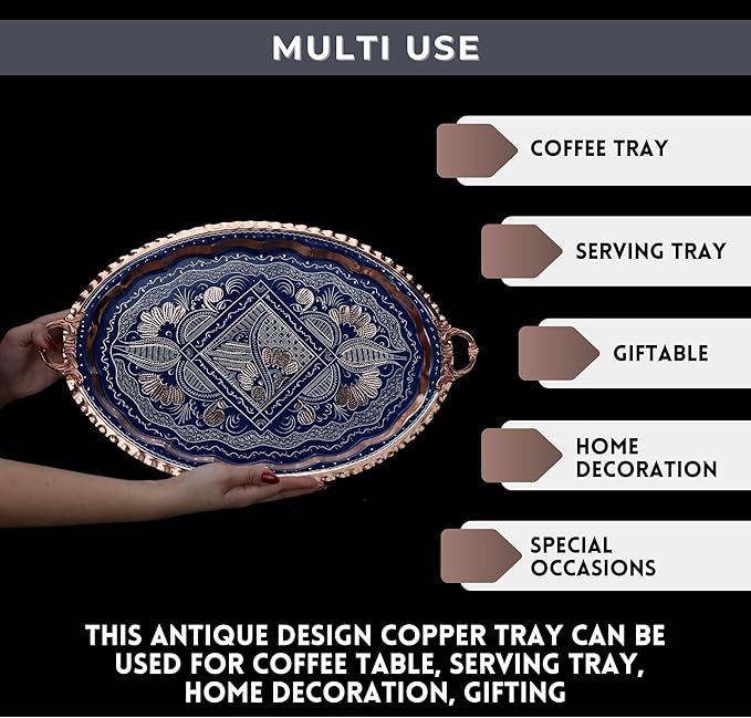 Decorative Copper Tray for Coffee Table, Coffee Bar, Serving Tray and Home Decor-Handmade Pure Copper Tray with Silver Ottoman Patterns (Black) (Dark Blue)
