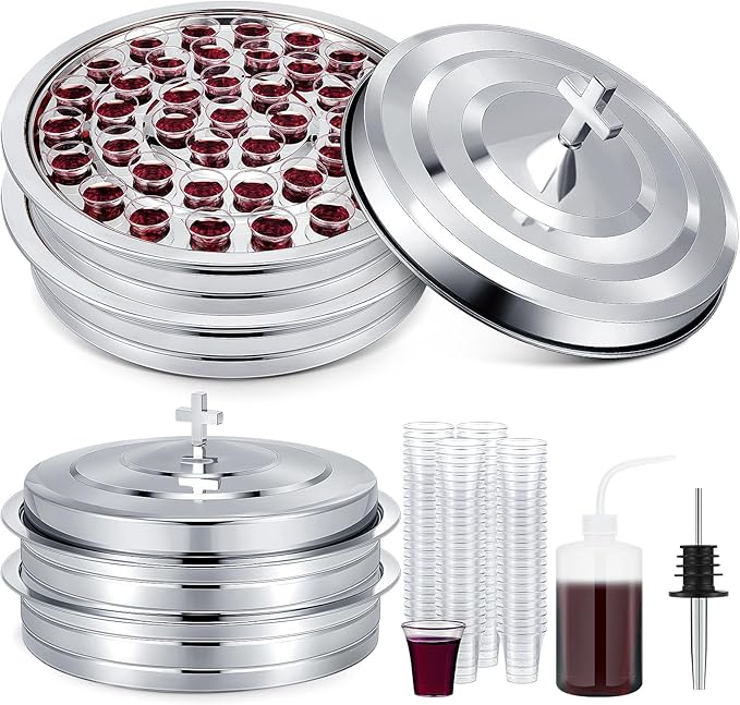 Zhehao 2 Sets Holy Communion Trays for Churches with Lid, Churches Cup Fillers, 100 Disposable Communion Cups (Silver)