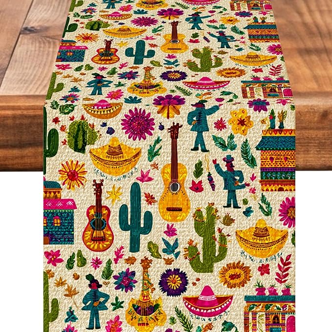 Mexican Flower Cactuses Table Runner Seasonal Holiday Kitchen Dining Linen Table Decoration for Indoor Outdoor Home Party Decor 13 x 72 Inch
