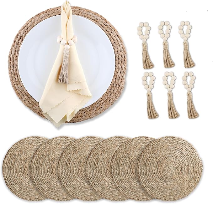 Boho Woven Placemats Set of 6 with Wooden Napkin Rings, 13" Natural Water Hyacinth Rattan Wicker Table Mats Charger Plates for Christmas Decorations, Thanksgiving, Rustic Dining & Home Decor