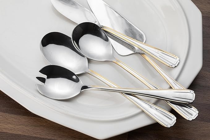 5 Piece Hostess Set - Serving Utensil Set - 18/10 Stainless Steel Silverware - Luxurious Handle with Gold Detailing - Elegant Silver and Gold Flatware Hostess Serveware (5, Verona)