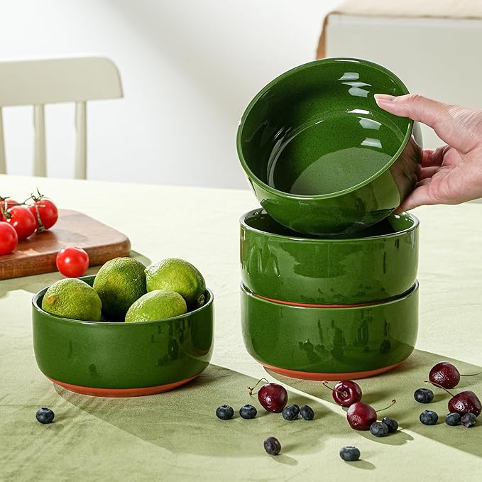 26 OZ Cereal Bowl,6 Inch Ceramic Bowl Sets for 4,Suitable for Breakfast, Soups, Oatmeal, Ramen, Pho, Udon and Ssoba,Dishwasher & Microwave Safe, Handcrafted Bowls Sets,Elegant Green