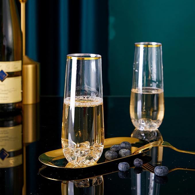 N9R 12PCS Plastic Champagne Flutes, 9 oz Stemless Disposable Gold Rim Toasting Glasses, Crystal Clear Cocktail Cups Drinkware Shatterproof Ideal for Party Wedding Birthday