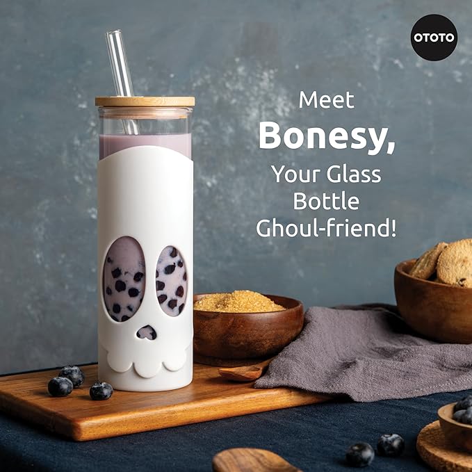 OTOTO NEW Bonesy Glass Tumbler with Straw and Lid - 17oz Cute Water Bottle Tumblers, Goth Accessories, Spooky Gifts, Halloween, Skull Glass Cup with Lid and Straw, Goth Gifts (White)
