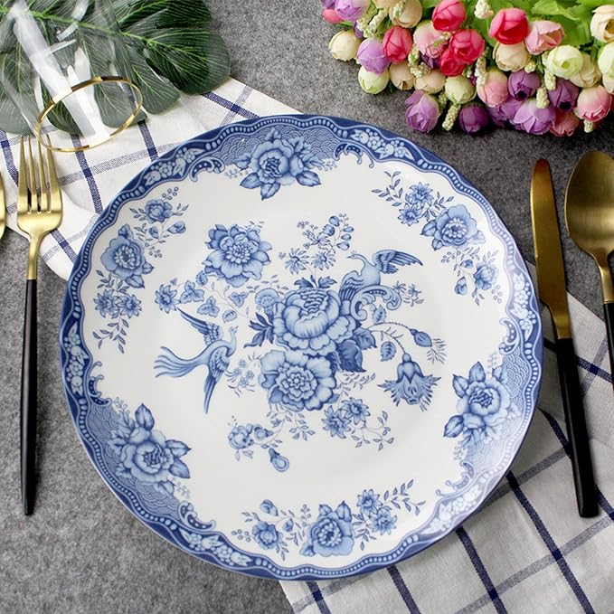 Bone China Dinnerware Set 20Pcs, Ceramic Dinner Plates Set of 4, Round Tableware, Service for 4, Dishwasher Safe, Blue and White Porcelain