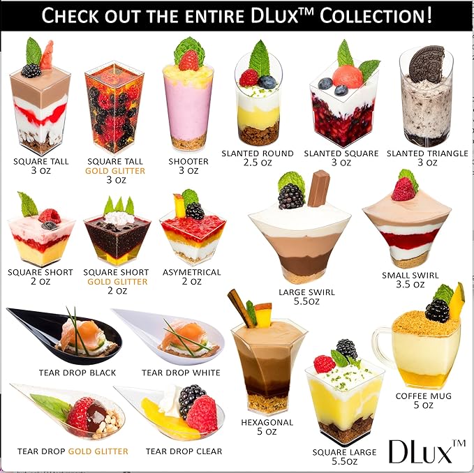DLux 50 x 5 oz Mini Dessert Cups with Spoons, Large Swirl - Clear Parfait Appetizer Cup - Small Reusable Serving Bowl for Tasting Party Desserts Appetizers - With Recipe Ebook