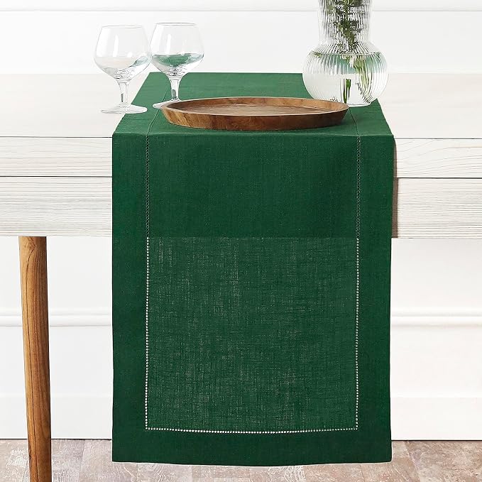 D'Moksha Homes Linen Forest Green Table Runner 108 Inches Long - 100% Pure Linen 14 x 108 Inch Table Runner for Winter, Christmas, Holiday, New Year - Classic Hemstitch