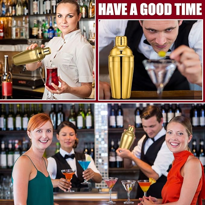 Nitial 6 Pcs Bar Cocktail Shaker Professional Stainless Steel Martini Drink Mixer Built-in Strainer for Bartending No Leaks Shaker for Bar Party Drink Mixer (Gold,18.6 oz)