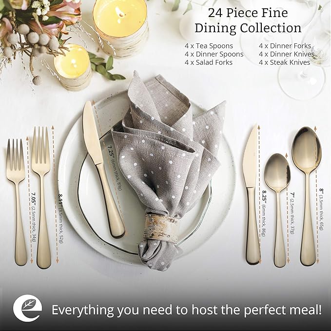 EVOLVE 18/8 Stainless Steel Silverware Set for 4 - Complete 24 Piece Flatware Cutlery Set - Elegant and Ergonomic Design- Dishwasher Safe -Stylish & Mirror Finish, Rust-Proof Utensil Sets. (Champagne)