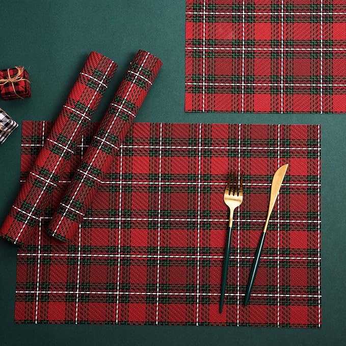 AHHFSMEI Christmas Placemats Set of 6 for Dining Table Washable Woven Vinyl Non-Slip Placemat Heat-Resistant Durable Table Mats for Dining Table Easy to Clean (Red Grid)