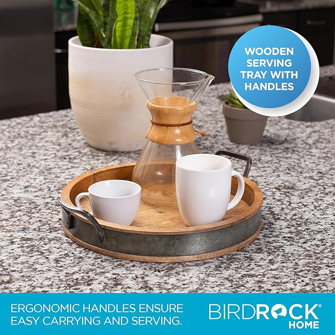 BIRDROCK HOME Large Round Wooden Serving Tray with Handles & Iron Accents - Round Barrel Tray for Living Room, Kitchen, Coffee Table Decor, Breakfast, Cheese Board & Bar - Tray Platter in Lap & Couch