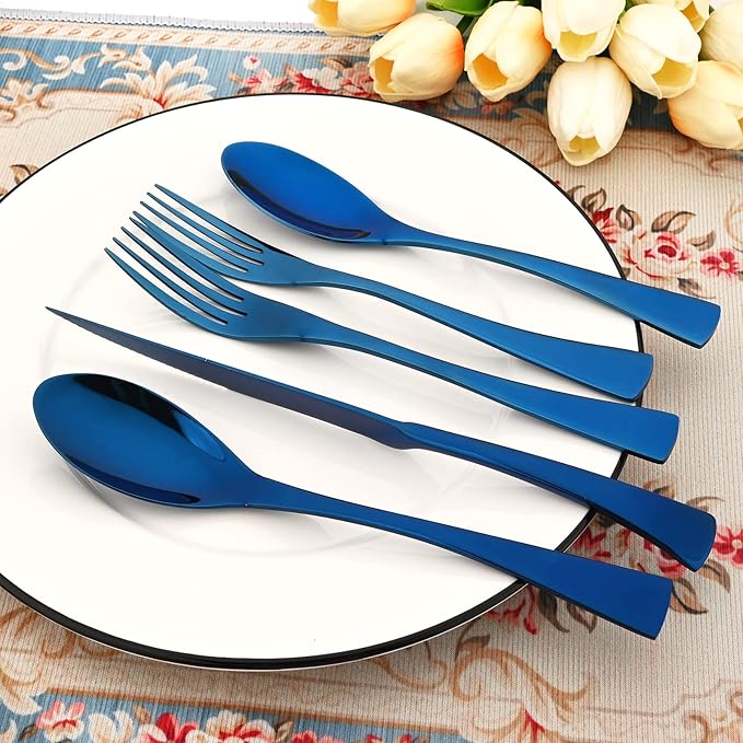 24-Piece 304 Silverware Set, Mirror Polish Serving Flatware Cutlery Set Include Steak Knife Fork Spoon, Wedding Kitchen Restaurant Utensils Daily Use, Service For 4, Blue