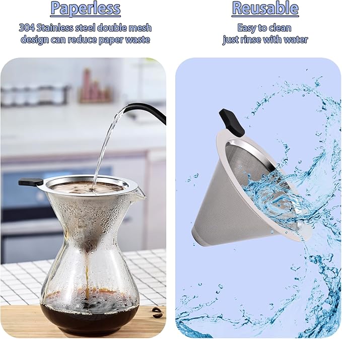 Pour Over Coffee Filter Dripper, Stainless Steel Metal Cone Drip Coffee Filter, Paperless and Permanently Reusable, Double Mesh Coffee,Tea Filter for 2-4 Cups