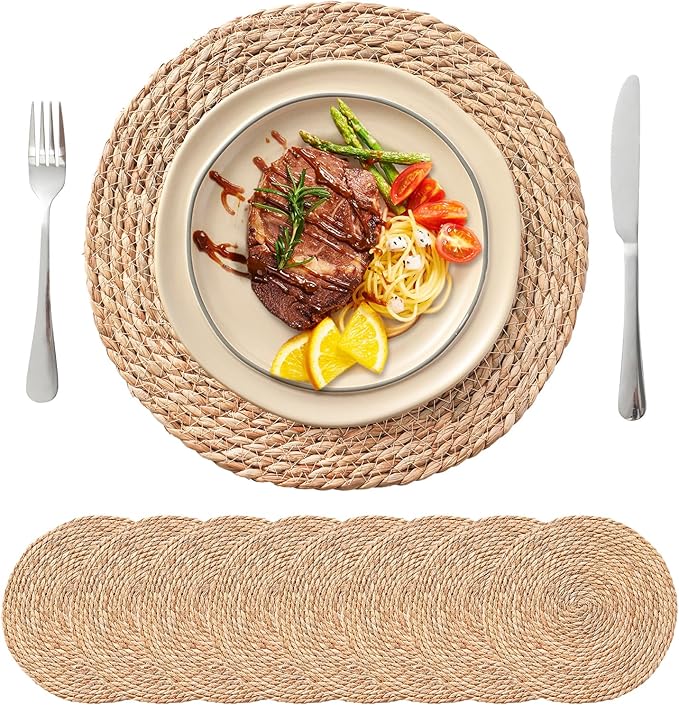 Round Woven Placemats Set of 8, 13.5'' Boho Rattan Chargers for Dinner Plates, Rustic Wicker Place Mats, Straw Braided Table Placemats, for Dining Table Decor, Wedding, Farmhouse and Home Decor