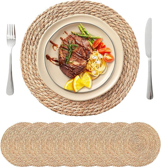 Round Woven Placemats Set of 8, 13.5'' Boho Rattan Chargers for Dinner Plates, Rustic Wicker Place Mats, Straw Braided Table Placemats, for Dining Table Decor, Wedding, Farmhouse and Home Decor